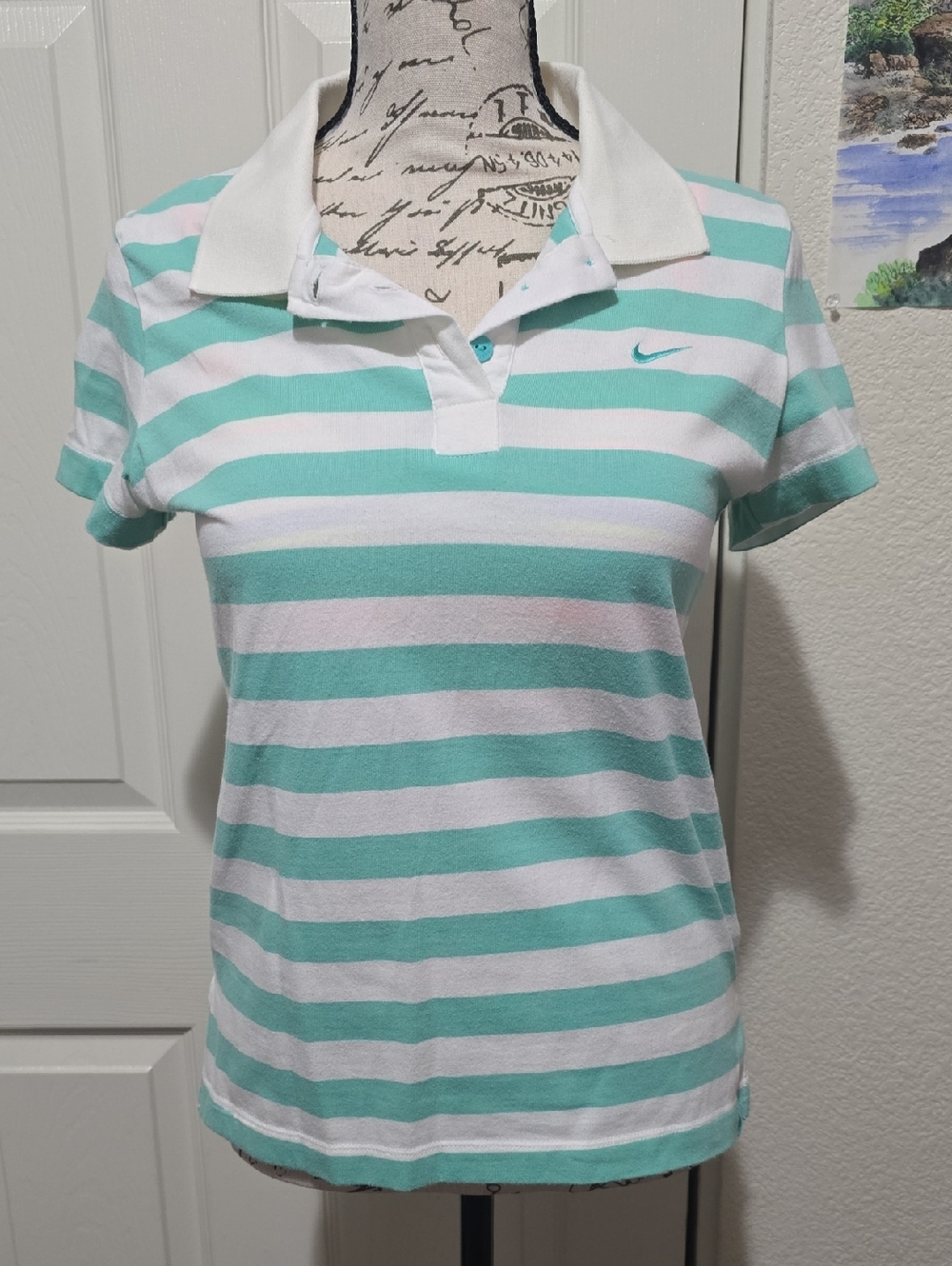 Nike Womens Mint Green White Striped Slim Fit Polo Shirt Medium